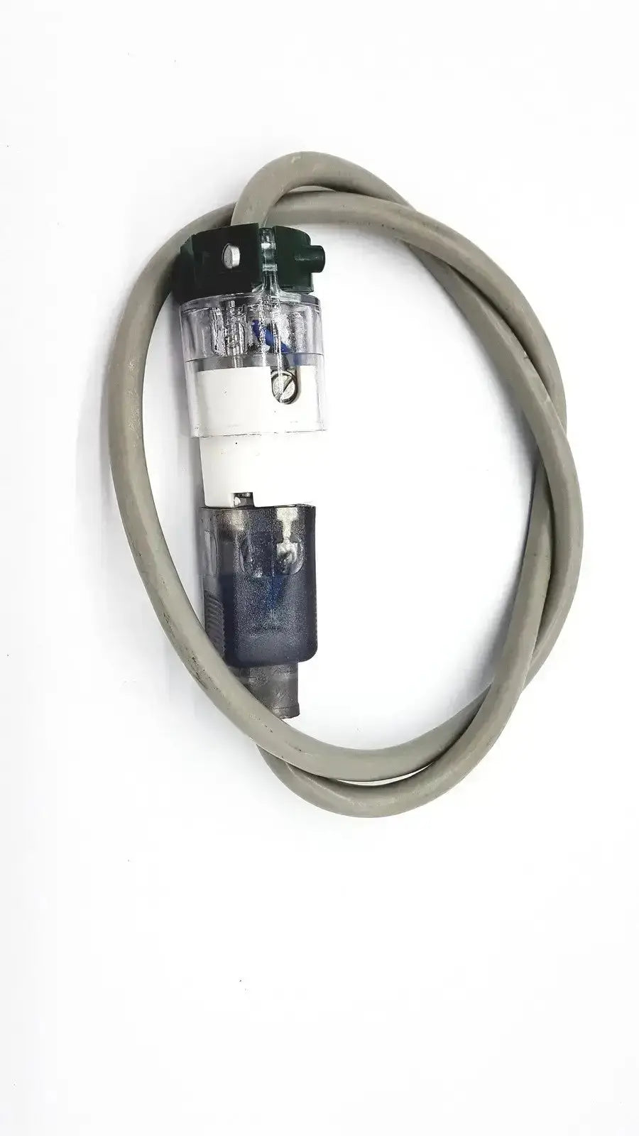 Gray coiled standard outdoor mini extension cord with transparent cylindrical filter housing and black capped top