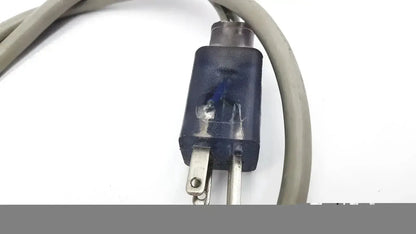 Gray power cord with dark blue plastic plug and two flat metal prongs for ul standard outdoor mini extension cord