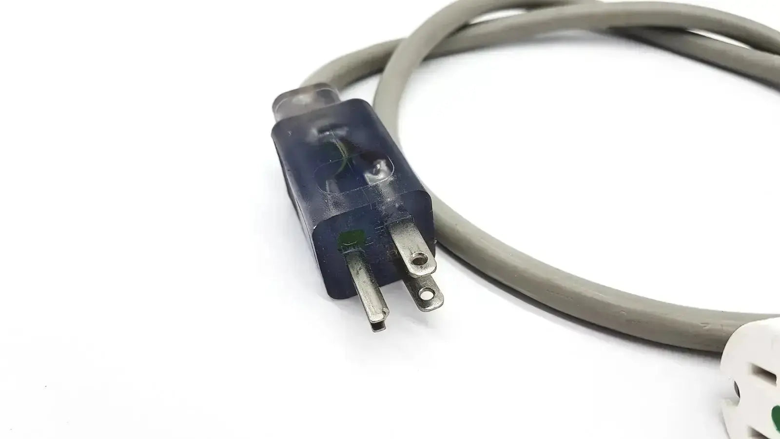 Gray UL standard outdoor mini extension cord with dark blue plastic plug and two flat metal prongs for outdoor use