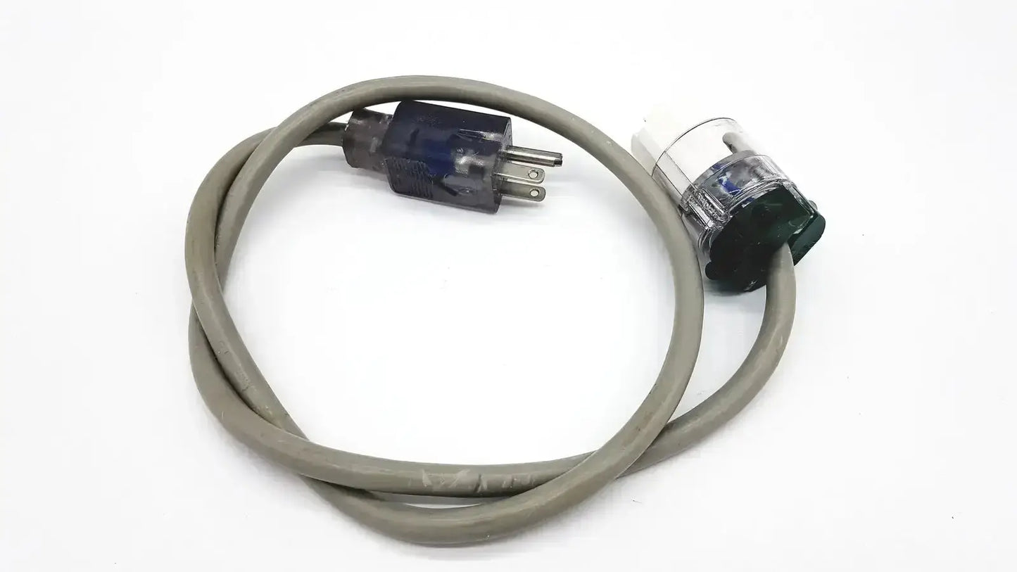 Gray power cord with dark blue plug and clear green connector for ul standard outdoor mini extension cord use