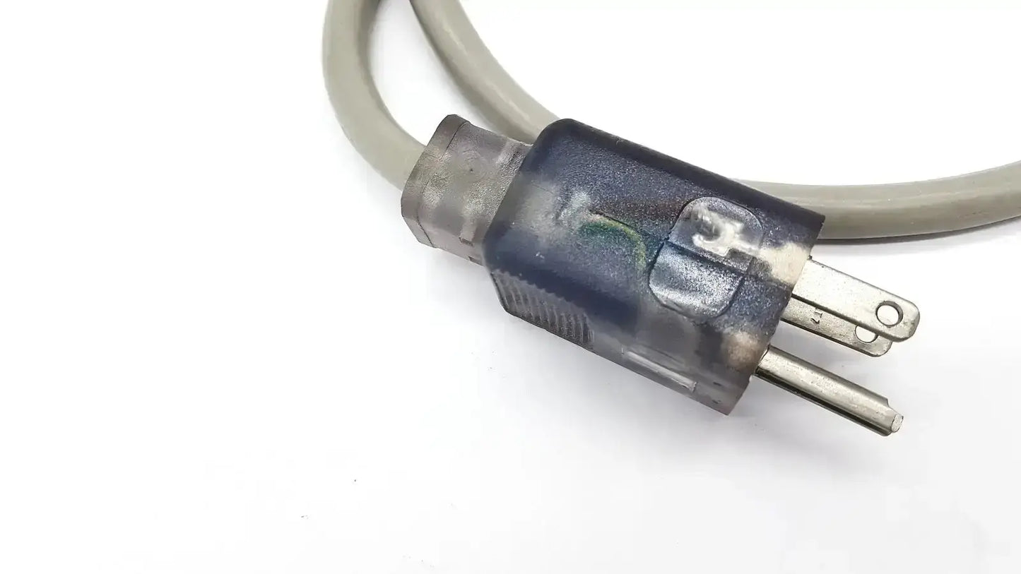 Gray power cord with dark blue plastic plug and two flat metal prongs for ul standard outdoor mini extension use