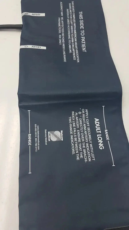 Dark blue adult-sized Ultra Check blood pressure cuff with white printed instructions and branding for accurate blood pressure