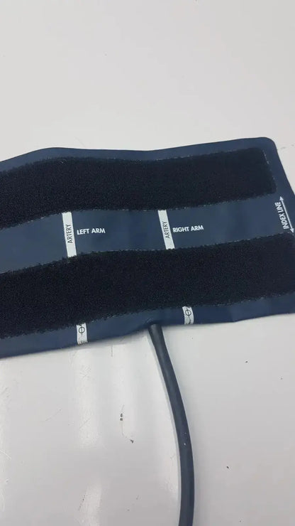 Navy blue ultra check blood pressure cuff u2635 with white printed labels for left arm right arm and artery line pressure cuff