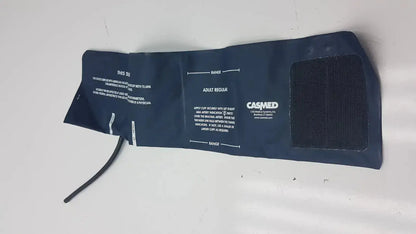 Dark blue casmed adult blood pressure cuff with black tubing and velcro strap ultra check latex free pressure cuff