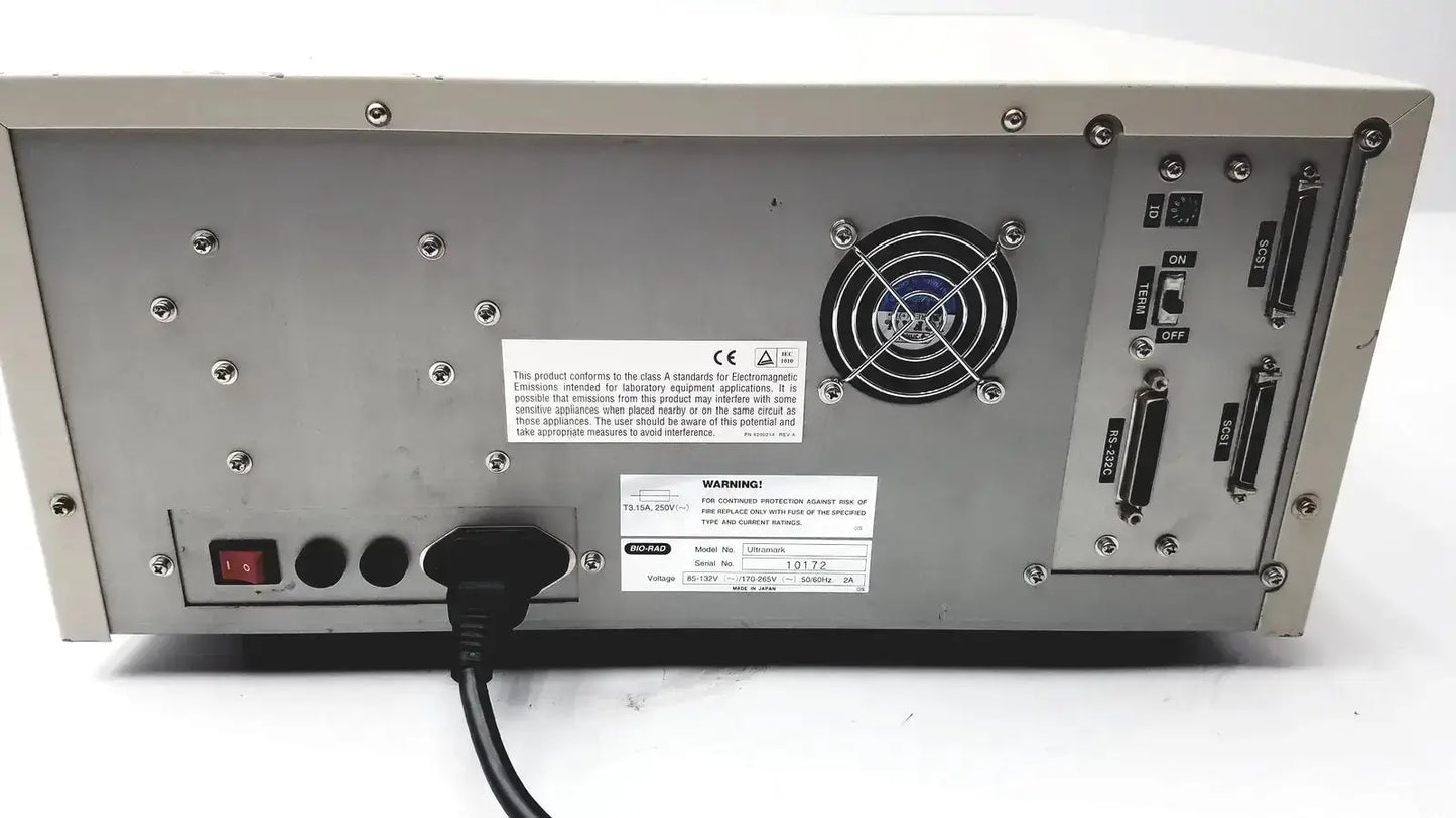 Back panel of silver metallic ultramark bio-rad microplate imaging system with circular fan ports and switches for bio-rad microplate imaging