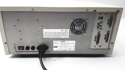 Back panel of silver metallic ultramark bio-rad microplate imaging system with circular fan ports and switches for bio-rad microplate imaging