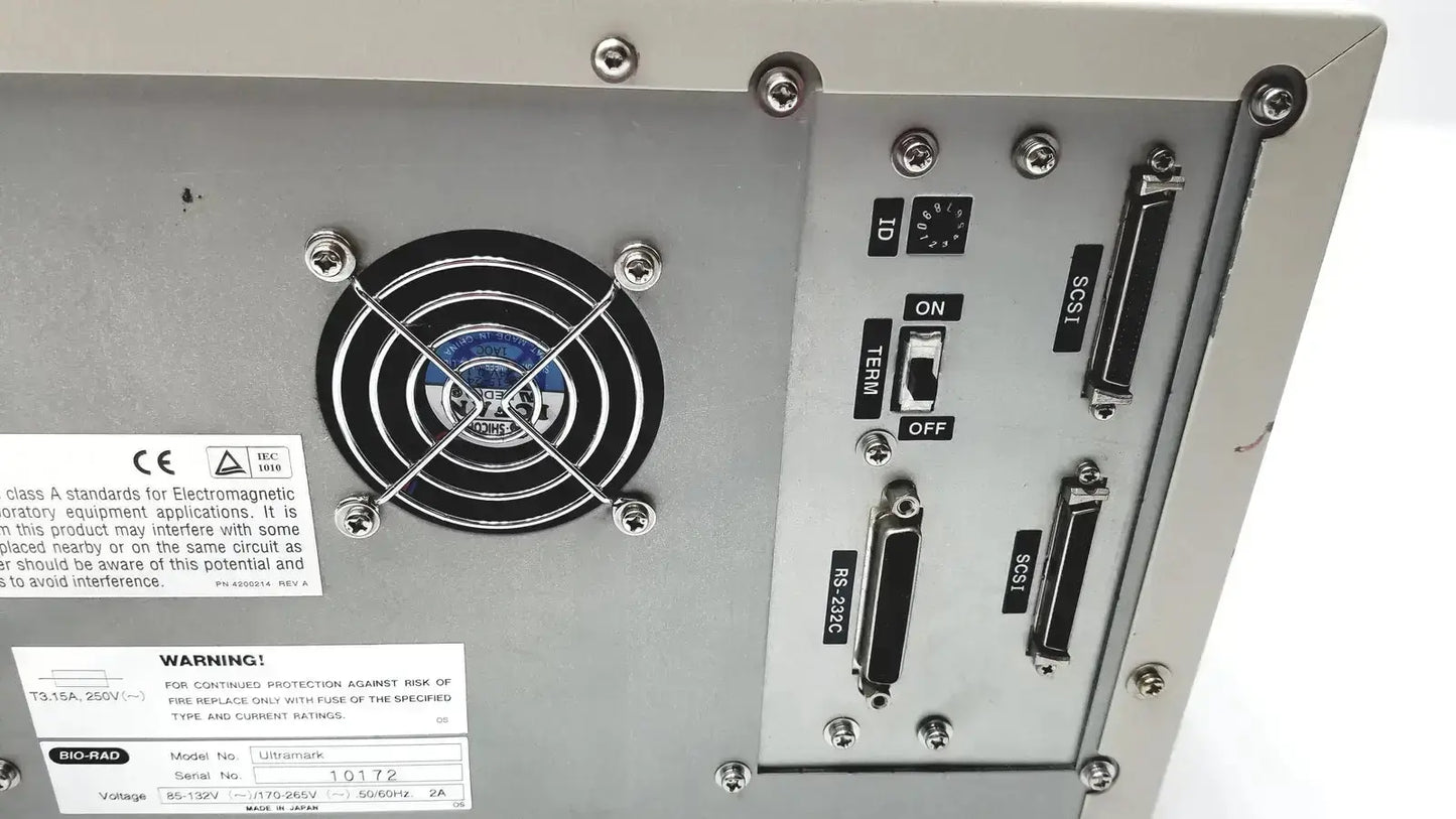 Silver ultramark bio-rad microplate imaging system control panel with black fan and multiple ports on the back side