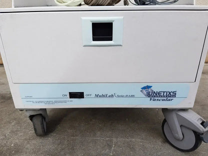 White medical lhs vascular cart with multilab series ii label and gray casters by unetixs incorporated vascular