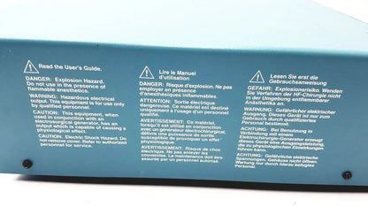 Blue rectangular warning label with multilingual safety instructions on the valleylab force argon ii-20 gas delivery unit
