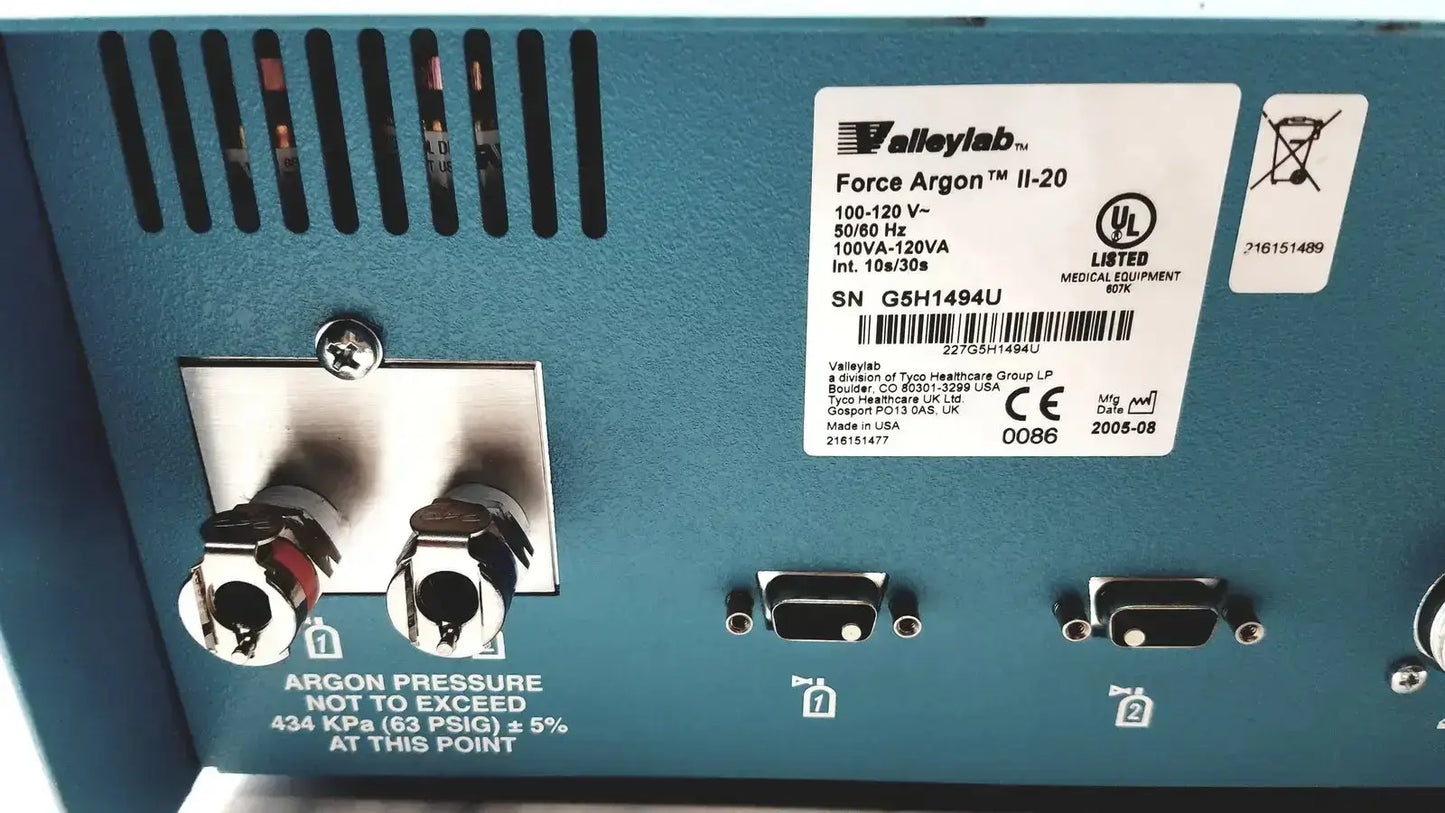 Blue valleylab force argon ii-20 gas delivery unit with silver metallic input ports and certification label on back