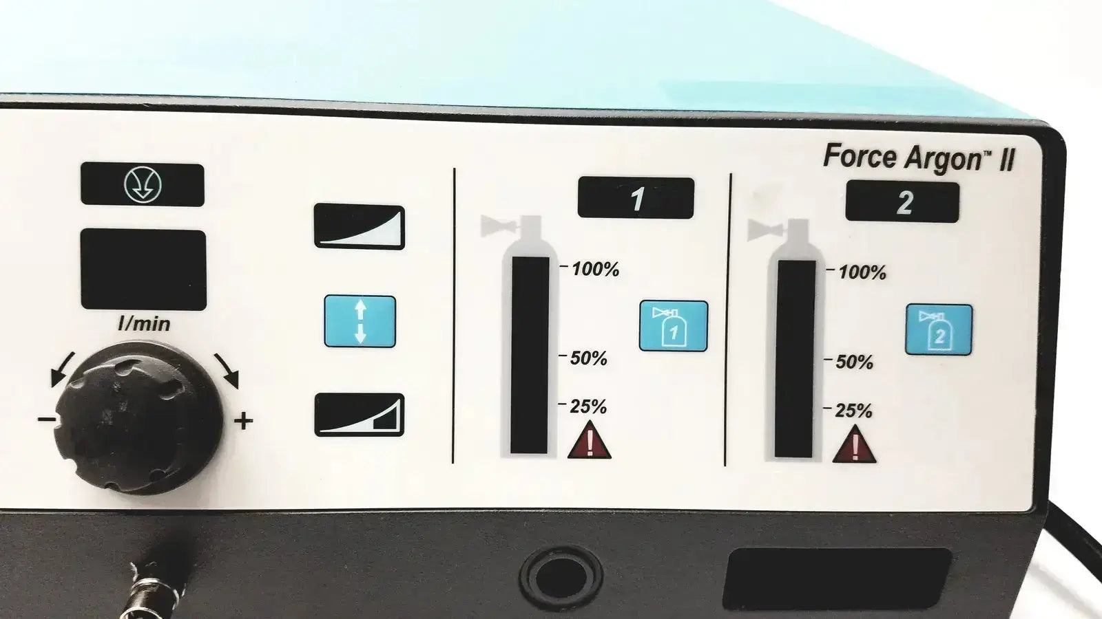 Valleylab Force Argon II-20 gas delivery unit with black rotary dial and two vertical percentage sliders for gas flow control