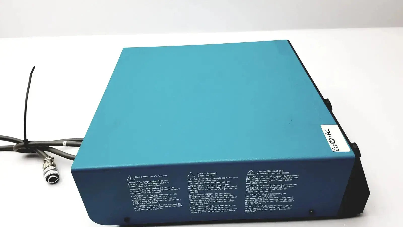Blue rectangular Valleylab Force Argon II-20 gas delivery unit with black edges and attached cables for gas delivery