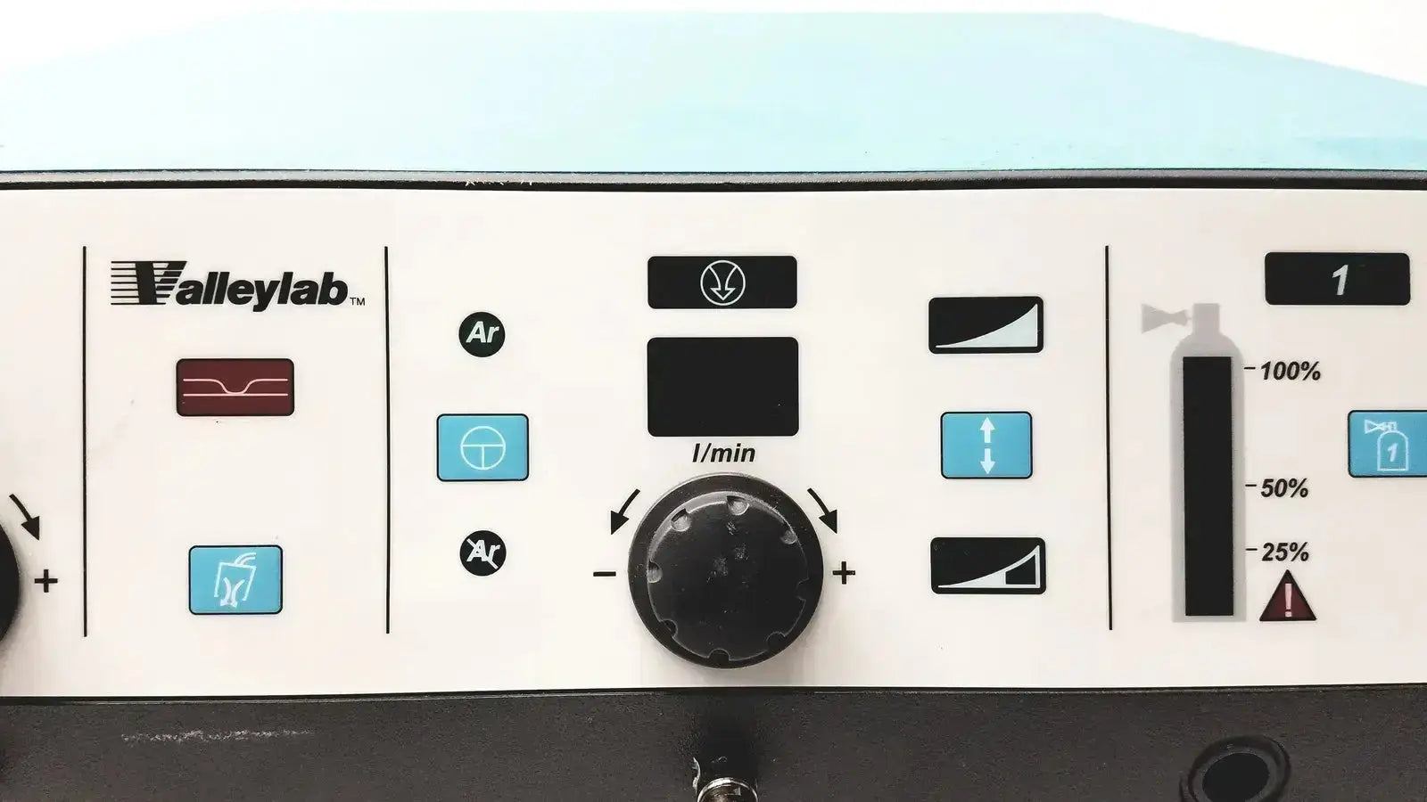 Valleylab Force Argon II-20 gas delivery unit control panel with black knobs blue and red buttons and vertical gauge