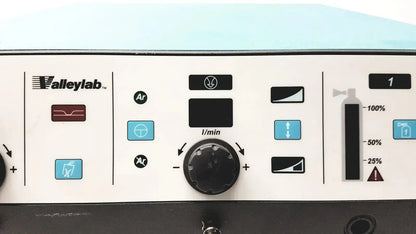 Valleylab Force Argon II-20 gas delivery unit control panel with black knobs blue and red buttons and vertical gauge