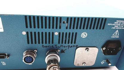 Blue metallic Valleylab Force Argon II-20 gas delivery unit with black slits silver plate and two circular connectors back view