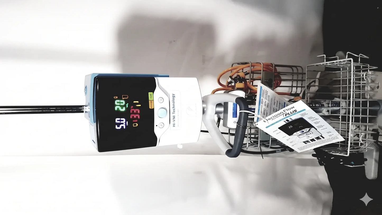 White and blue vapotherm hi-vn1 technology precision flow plus medical monitor with tdi power showing vital signs