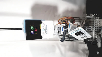 White and blue vapotherm hi-vn1 technology precision flow plus medical monitor with tdi power showing vital signs