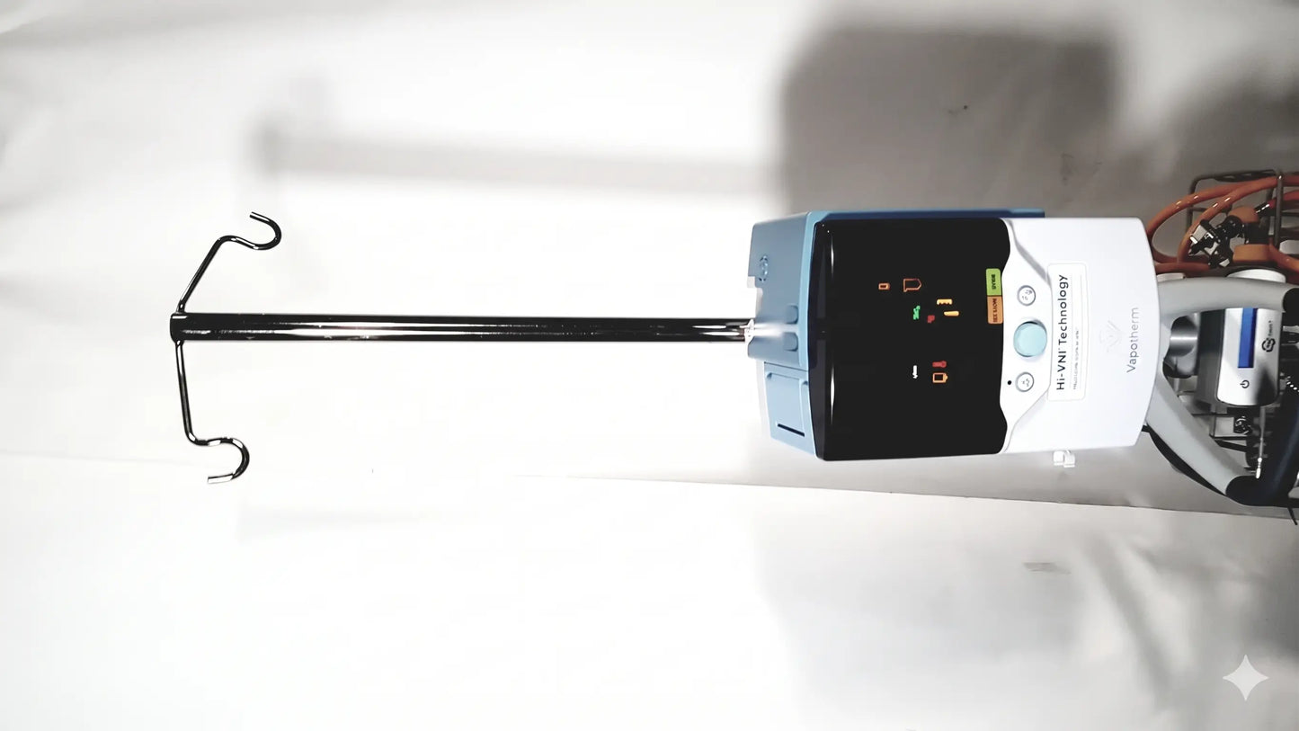 White and light blue medtronic iv pump with black digital display connected to tubing for precision flow plus and tdi power