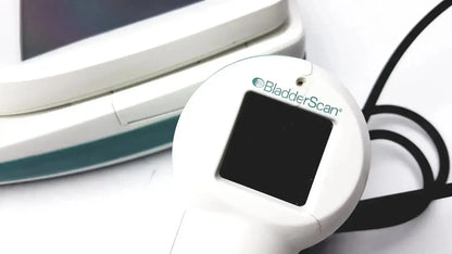 White verathon bladderscan bvi 9400 handheld ultrasound device with black screen and rounded edges for bladder imaging