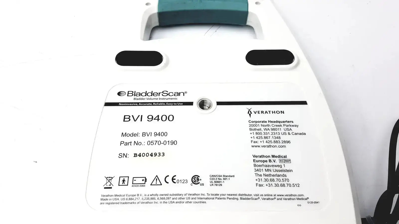 White verathon bladderscan bvi 9400 ultrasound imaging system with teal handle and black accents with probe