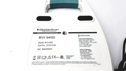White verathon bladderscan bvi 9400 ultrasound imaging system with teal handle and black accents with probe