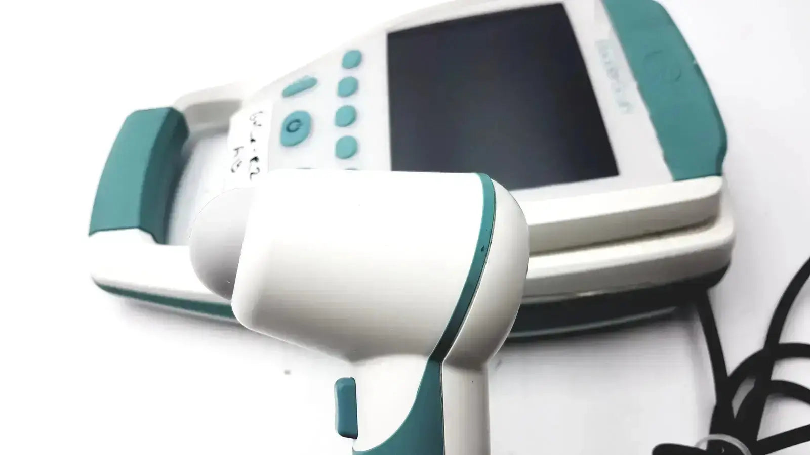 White and teal handheld barcode scanner with ergonomic design positioned in front of matching base unit verathon bladderscan bvi