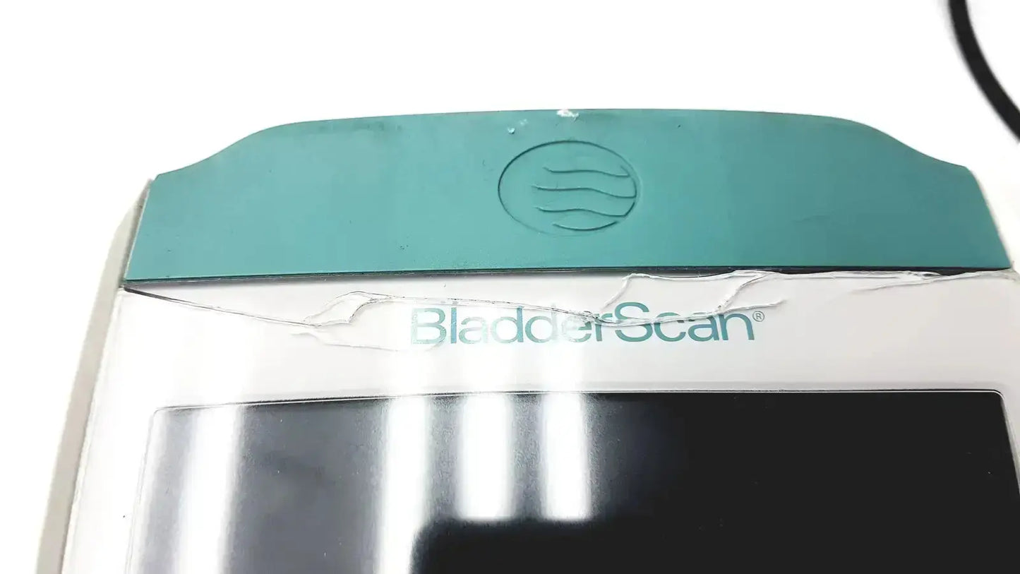 Teal and white Verathon BladderScan BVI 9400 ultrasound imaging system with probe featuring cracked plastic casing