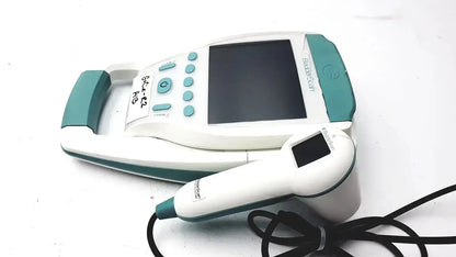 Verathon bladderscan bvi 9400 handheld ultrasound machine in white and teal with digital screen and matching probe