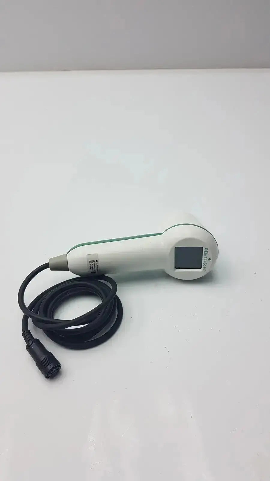 White and green handheld digital verathon bladderscan model 0570-351 with small screen and coiled black probe cable