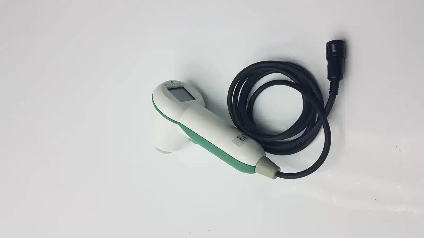 White and green handheld infrared thermometer with coiled black cable from verathon bladderscan model 0570-351 with probe