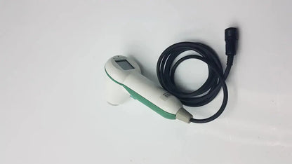 White and green handheld infrared thermometer with coiled black cable from verathon bladderscan model 0570-351 with probe
