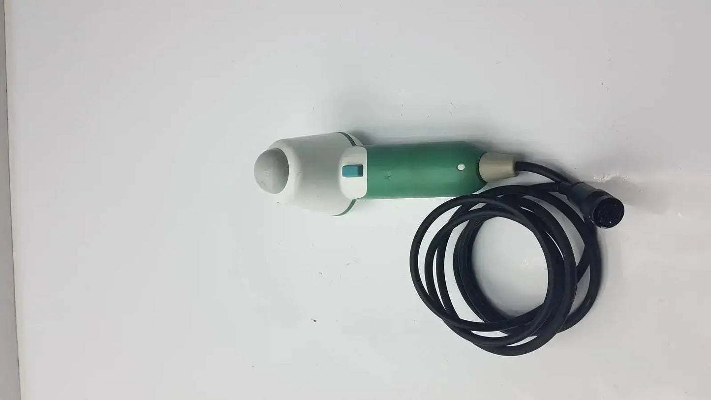 Green and white verathon bladderscan model 0570-351 with probe and coiled black cable for medical use