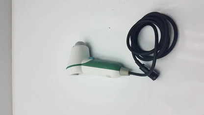 White and green handheld verathon bladderscan model 0570-351 with black coiled cable and attached probe