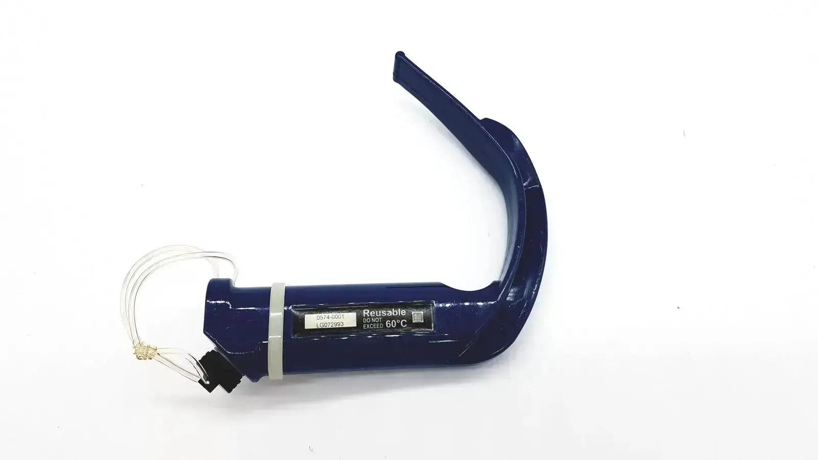 Blue reusable verathon glidescope laryngoscope with curved handle and transparent tubing for pre owned medical equipment use