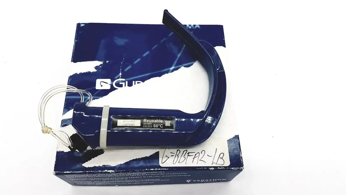 Blue plastic verathon glidescope laryngoscope with white label and attached wire for pre owned medical equipment use