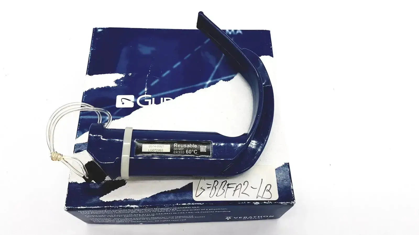 Blue plastic verathon glidescope laryngoscope with white label and attached wire for pre owned medical equipment use