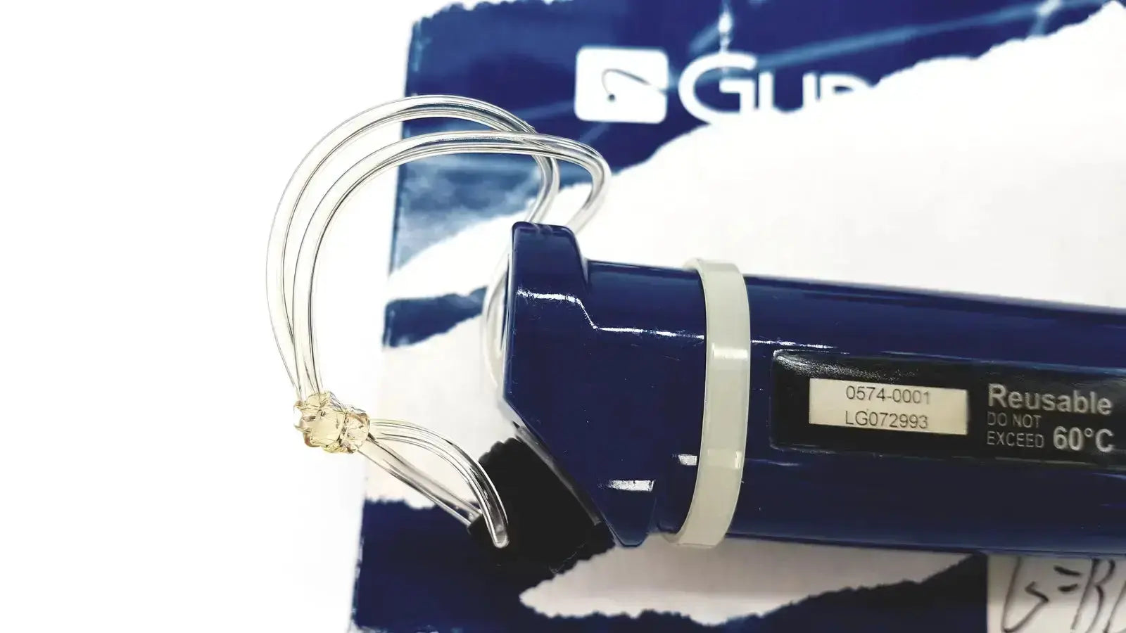 Verathon glidescope reusable water heater with clear glass tubing and white plastic cap for pre owned medical equipment sale