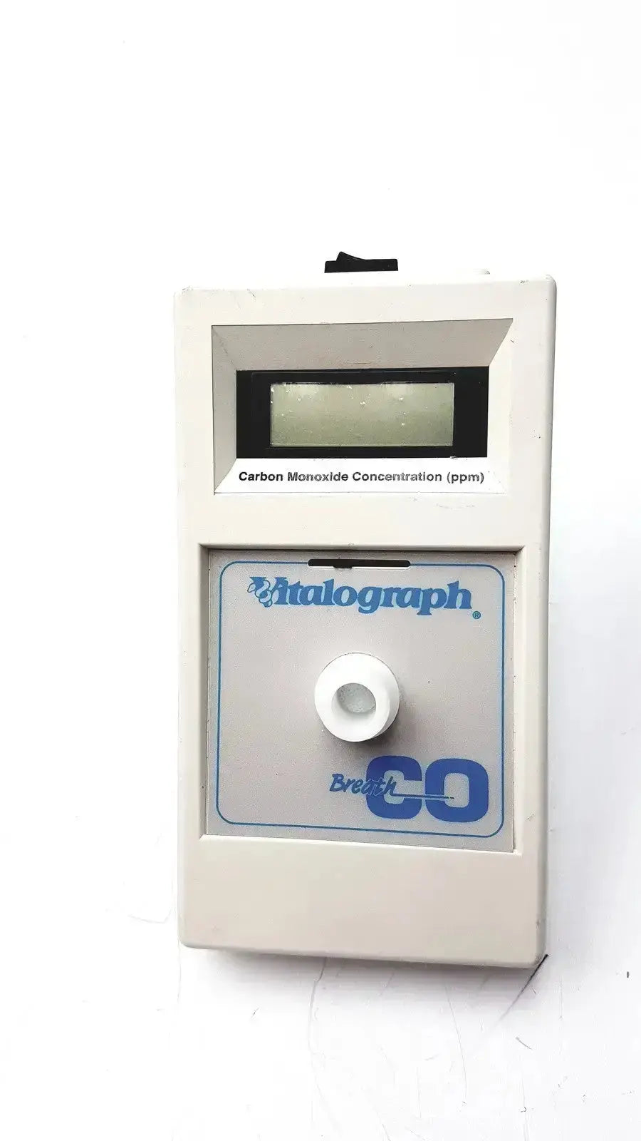 Beige rectangular vitalograph breathco carbon monoxide monitor with digital display for smoking cessation use