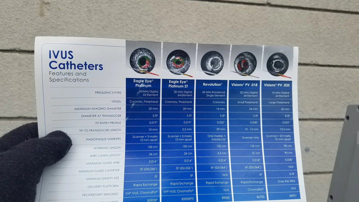 Blue and white informational sheet detailing ivus catheter models for volcano s5 intravascular ultrasound medical equipment reuse