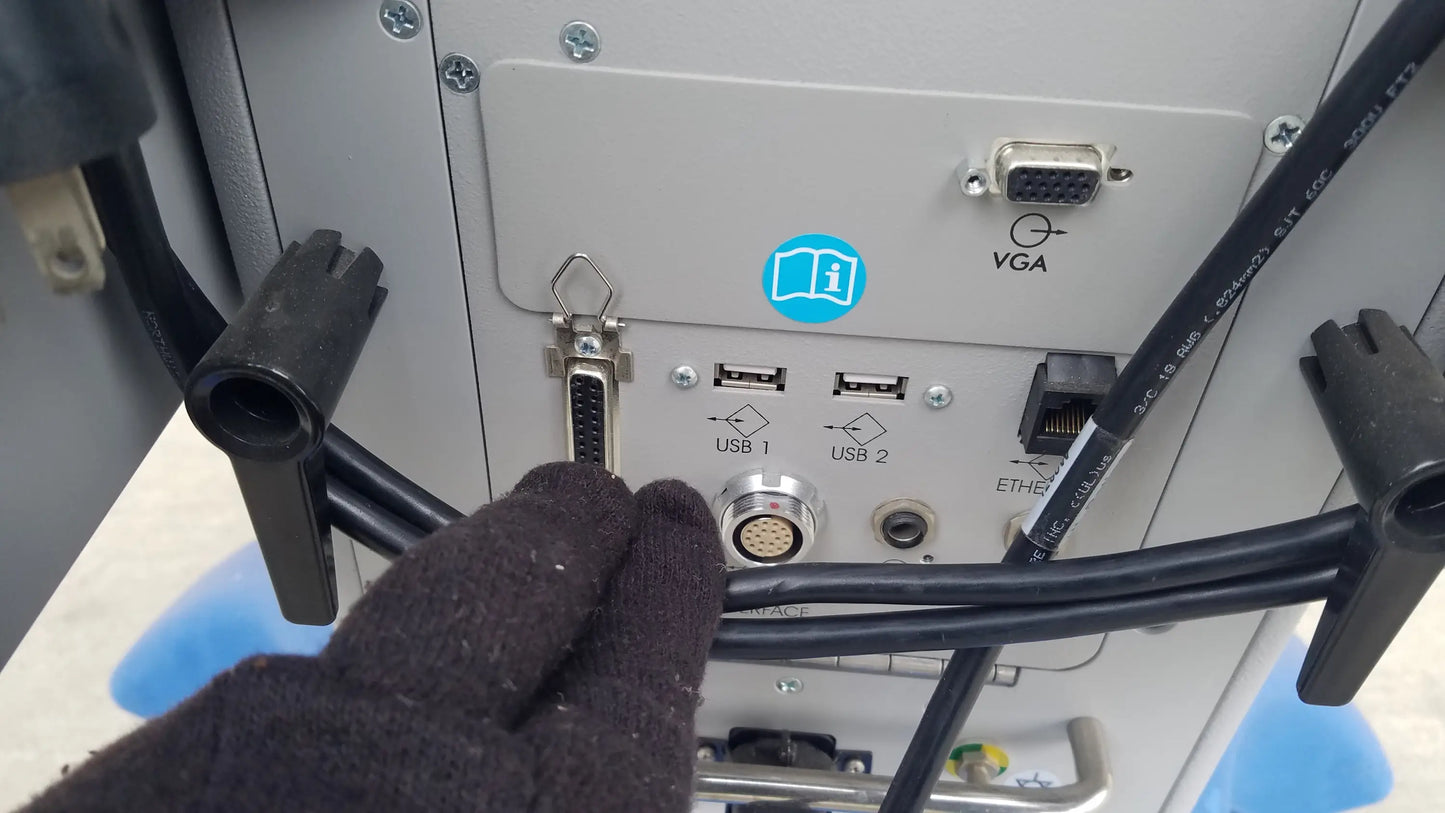 Silver circular connector with gold-plated pins labeled usb 1 on gray panel of volcano s5 intravascular ultrasound medical equipment