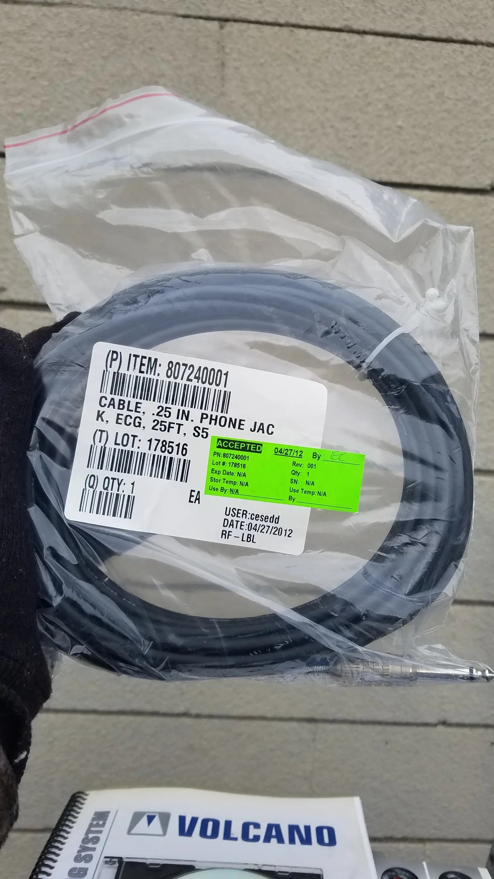 Black coiled phone jack cable 25 inches long packaged for volcano s5 intravascular ultrasound medical equipment reuse