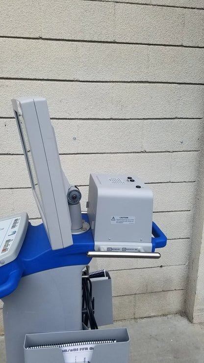 Gray and blue Volcano S5 intravascular ultrasound medical equipment with monitor, control panel, and attached reuse medical equipment