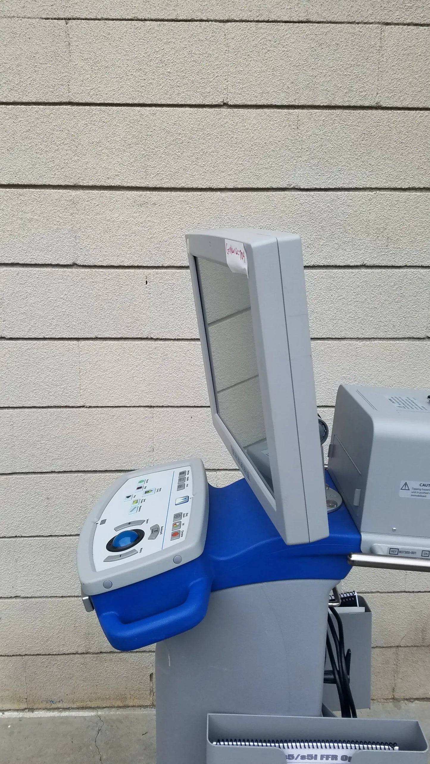 Volcano S5 intravascular ultrasound imaging system in gray and blue medical equipment with tilted monitor screen for reuse medical equipment