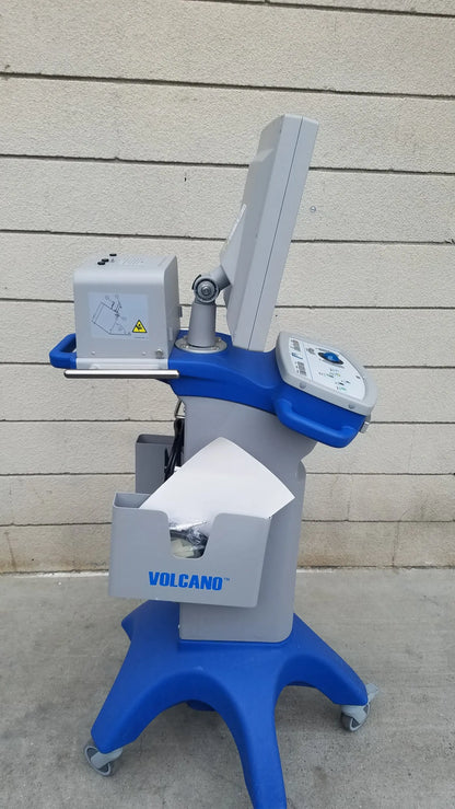 Blue and gray mobile medical equipment cart with monitor control panel and volcano label for intravascular ultrasound use