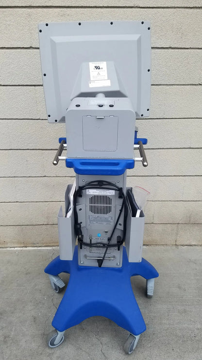 Blue and gray volcano s5 intravascular ultrasound imaging system medical equipment cart with monitor and cable management compartments