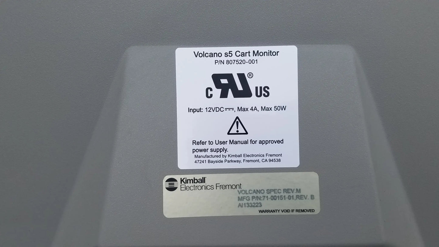 Gray plastic volcano s5 intravascular ultrasound medical equipment showing white labeling stickers with specifications and manufacturer details