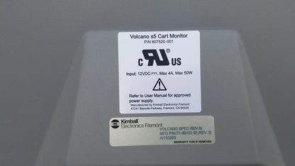Gray plastic volcano s5 intravascular ultrasound medical equipment showing white labeling stickers with specifications and manufacturer details