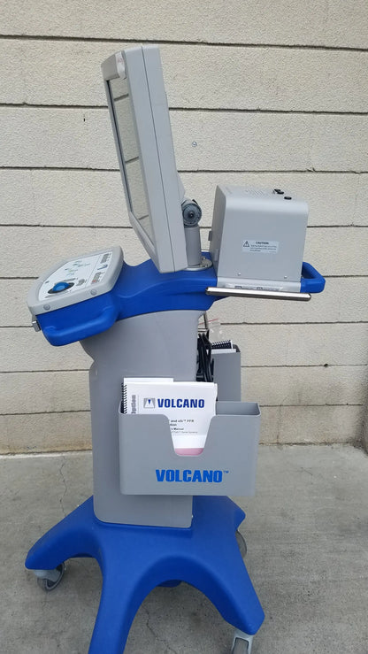 Blue and gray Volcano S5 intravascular ultrasound medical equipment cart with mounted monitor and control panel for reuse
