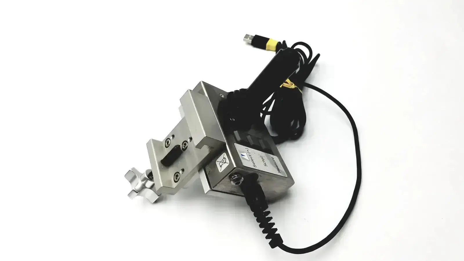 Silver metallic industrial clamp with black coiled cable and yellow connector for Volcano s5i s5ige controller joystick