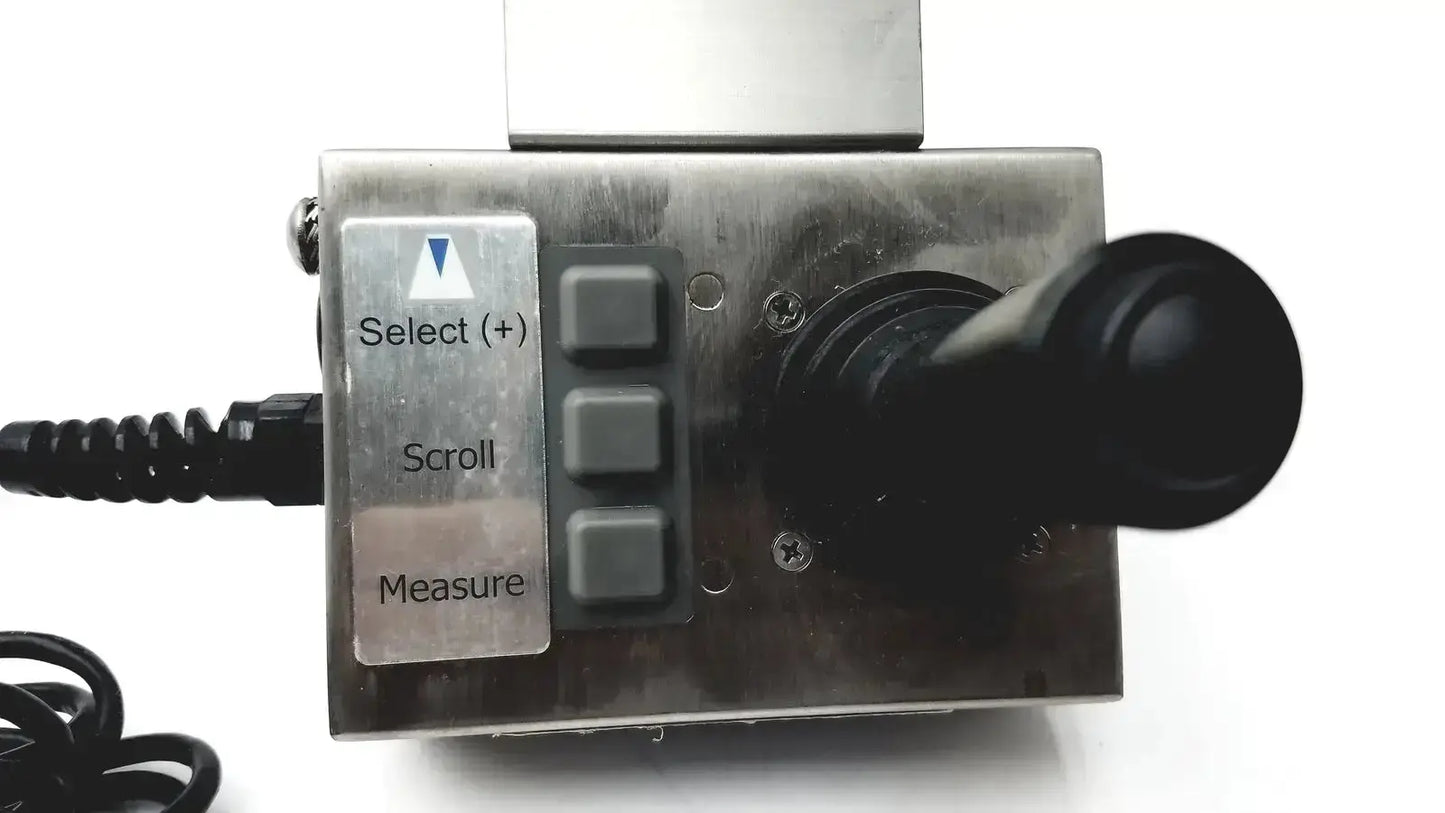 Stainless steel volcano s5i industrial control panel with black joystick and gray select scroll measure buttons